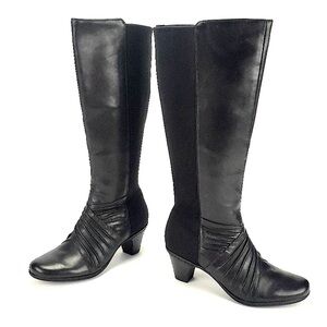 Black Leather Boots Stretch Knee High Zip Heel Classic Minimalist Steampunk 7.5